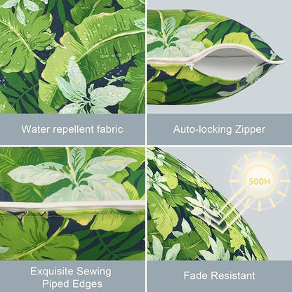 LVTXIII Set of 2 Patio Throw Pillows Covers Waterproof 20x20 Fade Resistant Outdoor Throw Pillow Case, Fluffy Decorative Garden Toss Pillow Covers for Home Patio Coach Sofa Use, Jungle Leaves