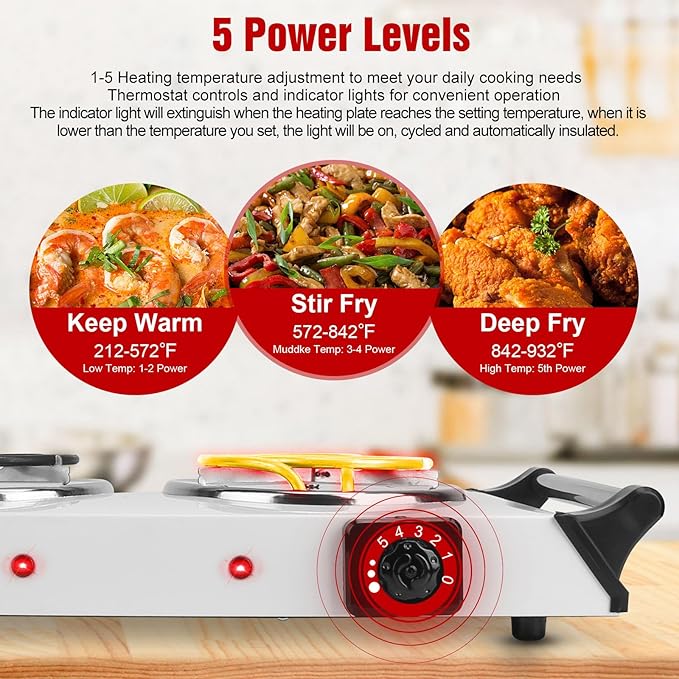 2000W Hot Plate,Portable Electric Stove Countertop Double Coil Burners W/5 Level Temperature Control & Stay Cool Handles, Easy to Clean, Lightweight Cast Iron Electric Stove for RV/Home/Camp 110V