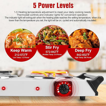 2000W Hot Plate,Portable Electric Stove Countertop Double Coil Burners W/5 Level Temperature Control & Stay Cool Handles, Easy to Clean, Lightweight Cast Iron Electric Stove for RV/Home/Camp 110V