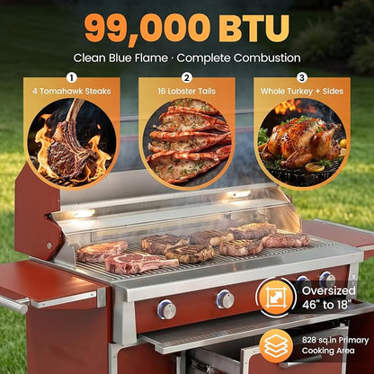 49" Stainless Steel Propane Gas Grill, 4 Burners & Infrared Burner, Red | 304 stainless steel 99,000 BTU Dual-lined hood Easy ignition Warming rack Storage drawers Gliding wheels