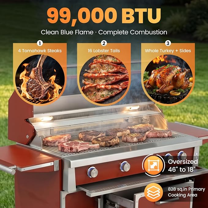 49" Red Stainless Steel Grill, 4 Burners & Infrared Burner, Natural Gas | 304 stainless steel 99,000 BTU Dual-lined hood Easy ignition Warming rack Storage drawers Gliding wheels