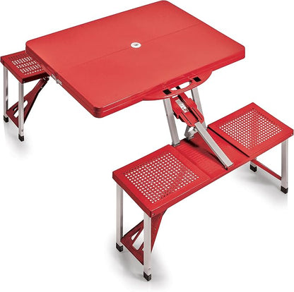 Picnic TIME Portable Folding Picnic Table with Seats for 4, Collapsible Aluminum Table with Benches & Umbrella Hole, Lightweight Foldable Table for Camping, Travel, Backyard, Tailgating | with Umbrella Hole