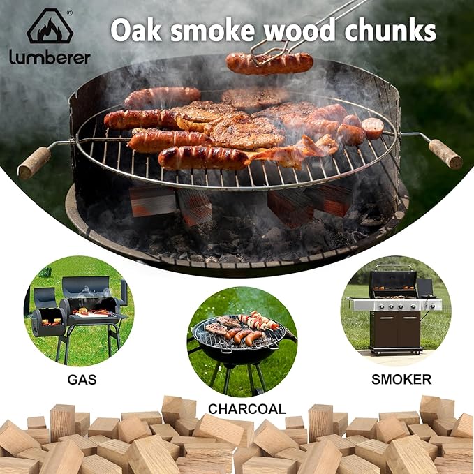 Lumberer Oak Smoking Chunks – Medium-Heavy Smoke for All Meats – 100% Natural Wood, Long Burn – 4LBS Heat-Treated & Purified