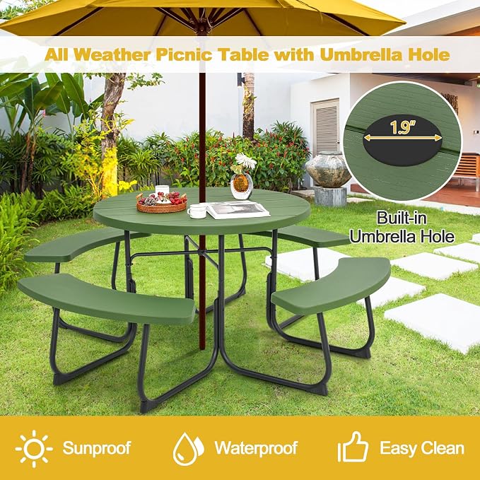 Tangkula 8 Person Picnic Table, Outdoor Round Picnic Table with 4 Built-in Benches, Umbrella Hole, Metal Frame & HDPE Tabletop, Outside Table and Bench Set for Backyard, 2300lbs Weight Capacity