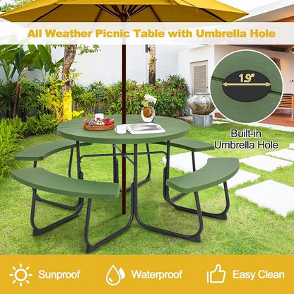 Tangkula 8 Person Picnic Table, Outdoor Round Picnic Table with 4 Built-in Benches, Umbrella Hole, Metal Frame & HDPE Tabletop, Outside Table and Bench Set for Backyard, 2300lbs Weight Capacity