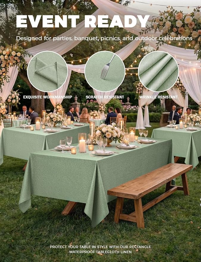 Decorelia Linen Texture Table Cloths for 6 Ft Rectangle Tables-6 Pack, Sage Green Washable Polyester Rustic Fabric Faux Linen Table Cloth Cover for Wedding,Outdoor,Events, Party,Banquet, 60x102 Inch