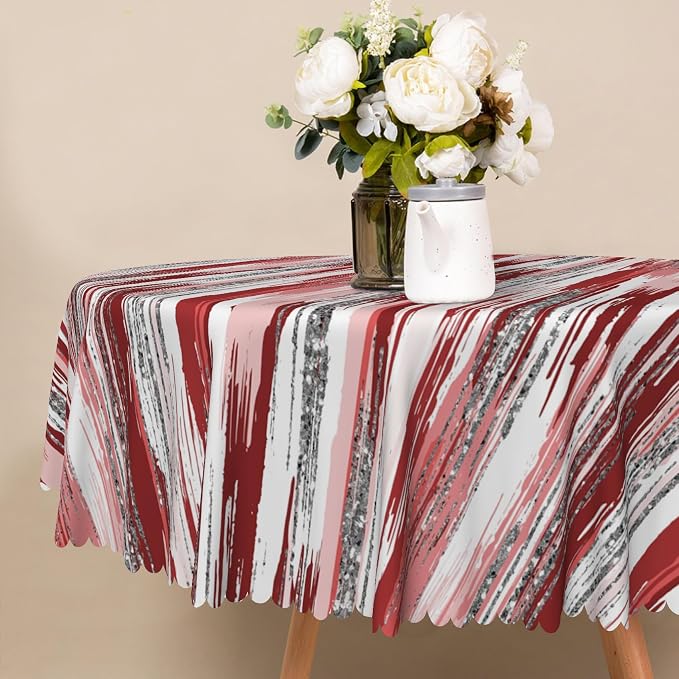 Abstract Striped Circle Tablecloth 60 Inch Red and White Old Texture Grunge Stripes Vintage Mosaic Dust-Proof Round Table Cover Protector for Kitchen Restaurant Picnic Camping BBQ Burgundy
