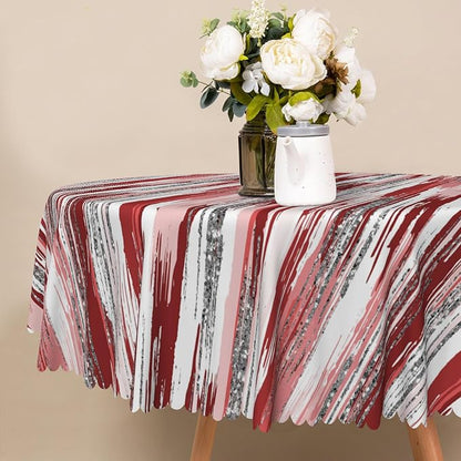 Abstract Striped Circle Tablecloth 60 Inch Red and White Old Texture Grunge Stripes Vintage Mosaic Dust-Proof Round Table Cover Protector for Kitchen Restaurant Picnic Camping BBQ Burgundy