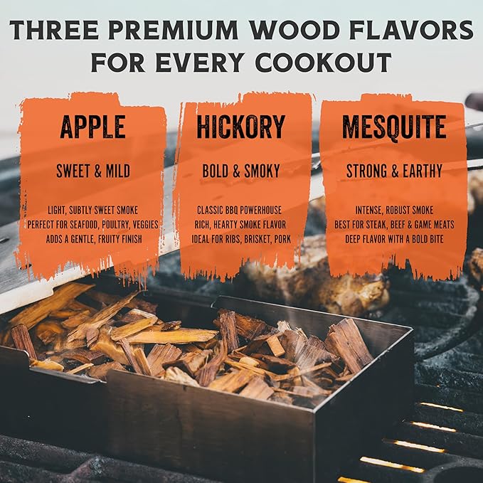 Fire & Flavor Premium All Natural Wood Chip Bundle for Smokers - Wood Chips for Smoking - Smoker Wood Chips - Smoker Accessories Gifts for Men and Women - 3 1.37 Lb Bags - Apple, Mesquite, Hickory