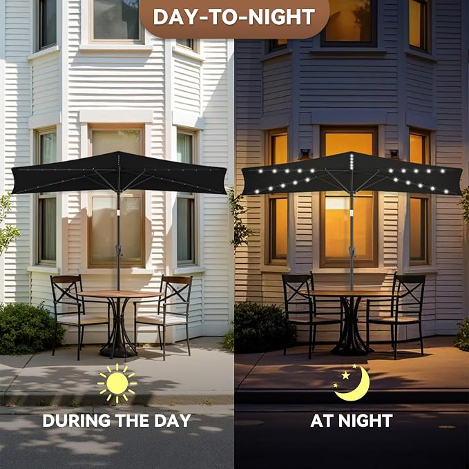 FLAME&SHADE 9 FT Solar Half Patio Umbrella with 25 LED Lights, Half Outdoor Umbrella with Button Tilt, Half Round Table Umbrella For Deck, Backyard, Balconies, Decks, Rvs, UV Protection (Black)