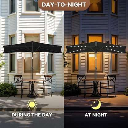 FLAME&SHADE 9 FT Solar Half Patio Umbrella with 25 LED Lights, Half Outdoor Umbrella with Button Tilt, Half Round Table Umbrella For Deck, Backyard, Balconies, Decks, Rvs, UV Protection (Black)