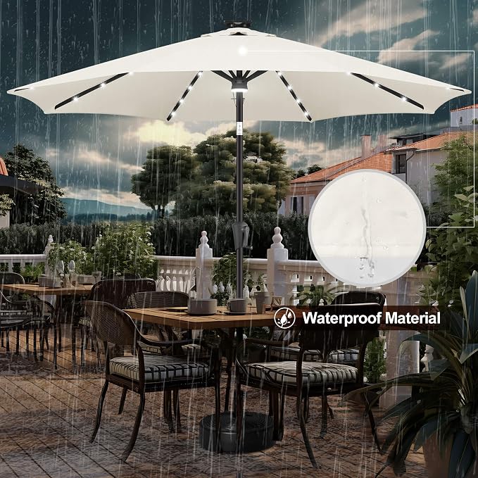FLAME&SHADE Solar Patio Umbrella with a Centre Light, 11 FT Ivory | 40 LED Lights, UV Protection, Waterproof, Porch Deck Outdoor Umbrella for Pool, Backyard, Garden, Provides Evening Lighting