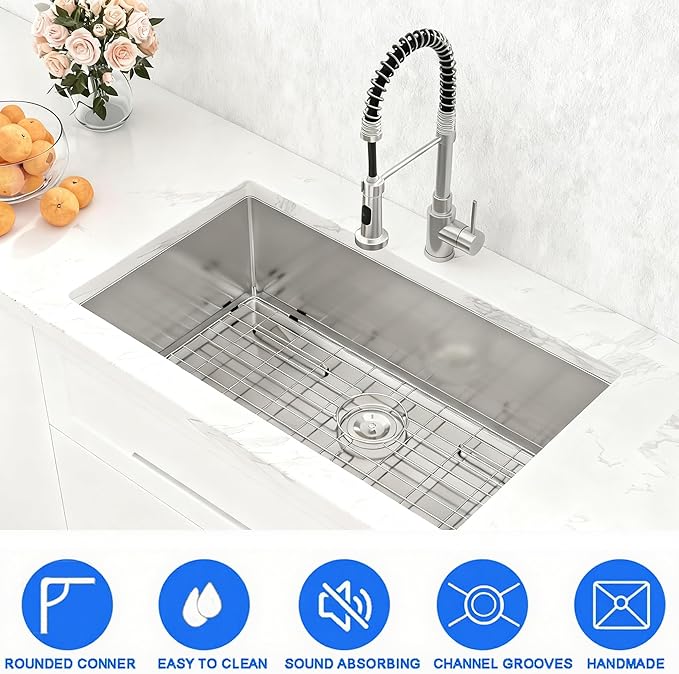 30 x 19 Inch Undermount Kitchen Bar Sink, Handmade Single Bowl 304 Stainless Steel Wet RV Sinks, Indoor and Outdoor Deep Kitchen Laundry Basin with Accessories