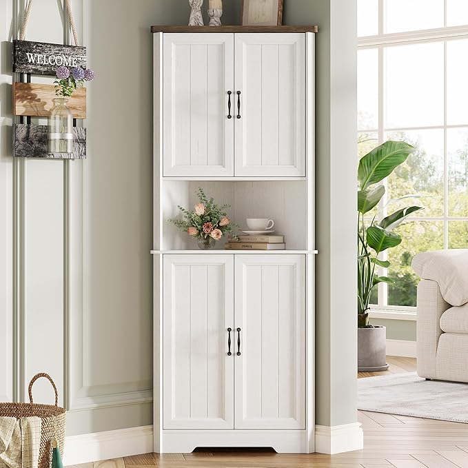 Vabches Tall Corner Cabinet, Corner Bathroom Cabinet, 67" Farmhouse Storage Cabinet with 4 Doors and Adjustable Shelves, Home Space Saver for Bathroom, Kitchen, Living Room, Pantry, Distressed White