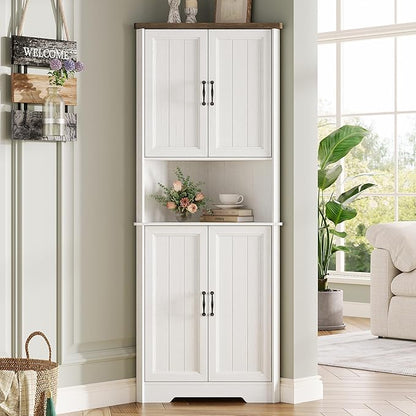 Vabches Tall Corner Cabinet, Corner Bathroom Cabinet, 67" Farmhouse Storage Cabinet with 4 Doors and Adjustable Shelves, Home Space Saver for Bathroom, Kitchen, Living Room, Pantry, Distressed White