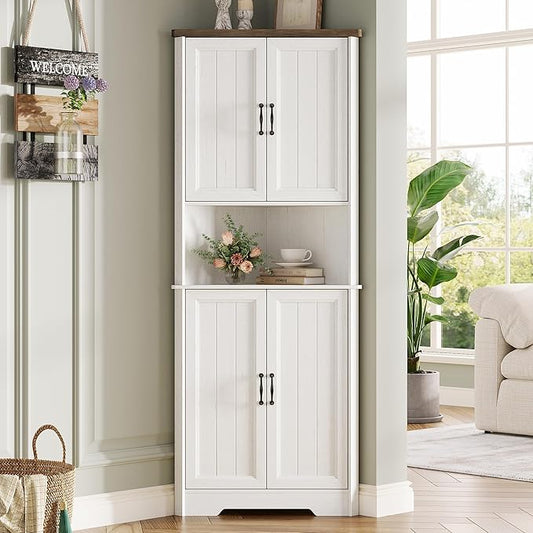 Vabches Tall Corner Cabinet, Corner Bathroom Cabinet, 67" Farmhouse Storage Cabinet with 4 Doors and Adjustable Shelves, Home Space Saver for Bathroom, Kitchen, Living Room, Pantry, Distressed White