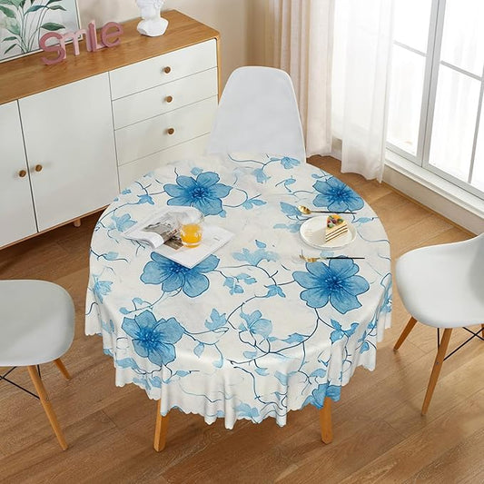 Blue Flower Round Tablecloth Perfect for Spring Home Decor 60x60 Inch Blooming Floral Washable Table Cover Watercolor Rustic Circle Table Cloth Dust-Proof for Farmhouse Decor Buffet Picnic