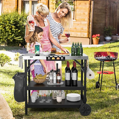 GOFLAME 3-Shelf Outdoor Grill Dining Cart, Movable Food Prep Cart Table with Adjustable Shelf, Stainless Steel Table Top, Kitchen Cart Island Table on 2 Wheels, Heavy Duty BBQ Flattop Worktable