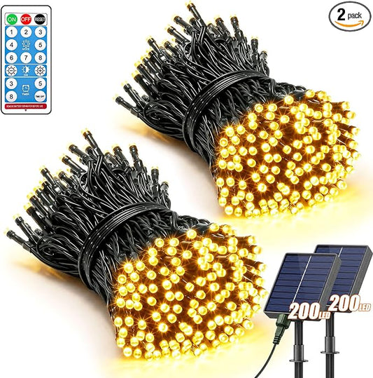 2 Pack 200LED Solar Christmas String Lights Outdoor Waterproof | Total 132FT Twinkle Lights with 8 Lighting Modes Remote for Outside Christmas Trees Decorations, Warm White