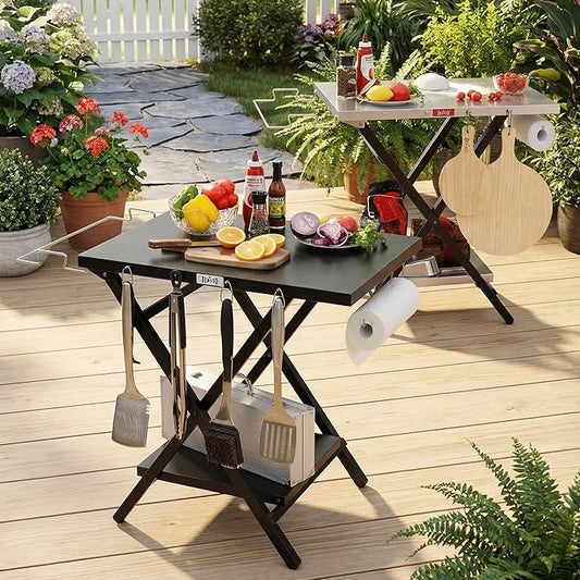 Feasto Outdoor Grill Table, Foldable Pizza Oven Stand & Griddle Stand with Garage Rack & Tissue Holder, Folding Outdoor Prep Table for Gathering and Party, 30" x 24", Black