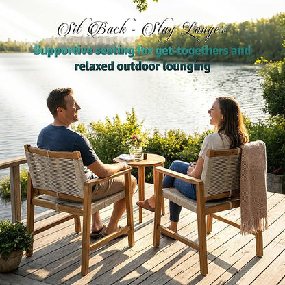 Heritage Woven Rope Eucalyptus Wood Armchair, Set of 2 Oversized Wide Backrest for Enhanced Comfort - Handcrafted Outdoor Patio Dining Chairs, Solid Eucalyptus Boho Seating for Deck, Porch & Backyard