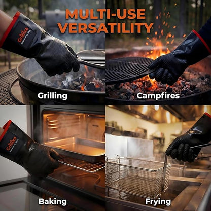 932F Light Heat Resistant BBQ Gloves, 14-Inch Waterproof Neoprene Grill Gloves, Oil & Slip Resistant with Cotton Lining, for Oven, Smoker, Fire Pit, Rotisserie and BBQ Cooking