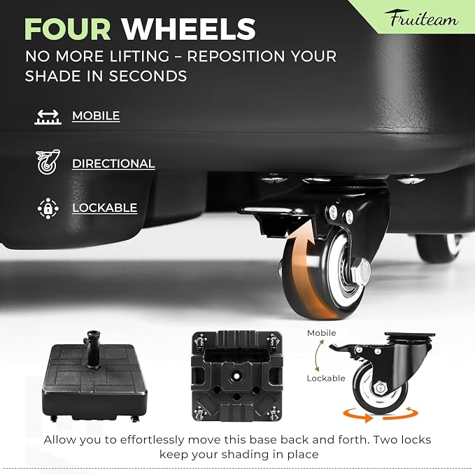 FRUITEAM 120 LBS Fillable Mobile Umbrella Base with Wheels | Heavy Duty Patio Umbrella Stand, Fillable Weighted Umbrella Base for Patio, Deck, Poolside, Windproof Design