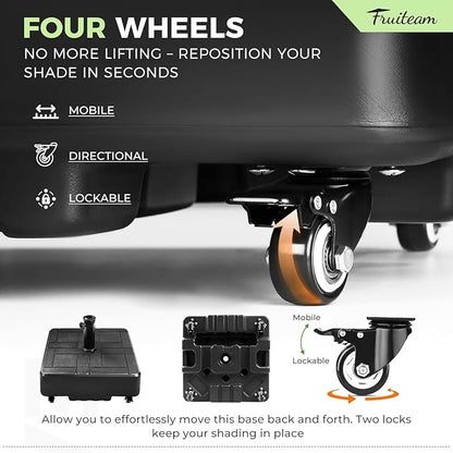 FRUITEAM 120 LBS Fillable Mobile Umbrella Base with Wheels | Heavy Duty Patio Umbrella Stand, Fillable Weighted Umbrella Base for Patio, Deck, Poolside, Windproof Design