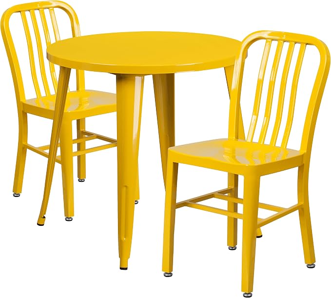 Flash Furniture Craig Commercial Grade 30" Round Yellow Metal Indoor-Outdoor Table Set with 2 Vertical Slat Back Chairs | Commercial Grade, Indoor/Outdoor Use, Vertical Slat Back