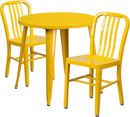 Flash Furniture Craig Commercial Grade 30" Round Yellow Metal Indoor-Outdoor Table Set with 2 Vertical Slat Back Chairs | Commercial Grade, Indoor/Outdoor Use, Vertical Slat Back