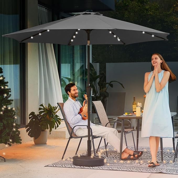 JEAREY 9FT Outdoor Patio Umbrella with Solar Lights, LED Lighted Pool Umbrella with Tilt and Crank, Outdoor Table Umbrellas for Deck, Yard & Market (Grey)