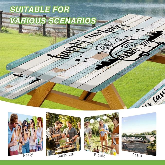 JAWO Camper Picnic Table Cover with Bench Covers 3 Piece Set, Vintage Wooden Camper Pine Tree Camping Elastic Fitted Picnic Tablecloth Outdoor Camping Patio Picnic Table, 30X60 inch