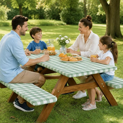 AnyDesign Sage Green Plaid Picnic Table Cover with Bench Cover Green Gingham Waterproof Elastic Fitted Camping Tablecloth for 6Ft Rectangle Table Outdoor Decor