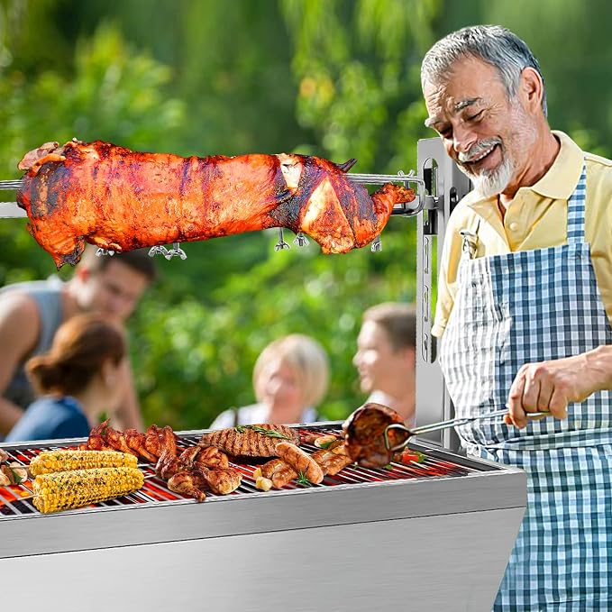 37" Electric Rotisserie Grill, Pig Lamb Spit Roaster Stand Rotisserie 132 Lbs Capacity With Adjustable Height, BBQ Charcoal Rotisserie Grill Kit Stainless Steel For Outdoor Party Camping