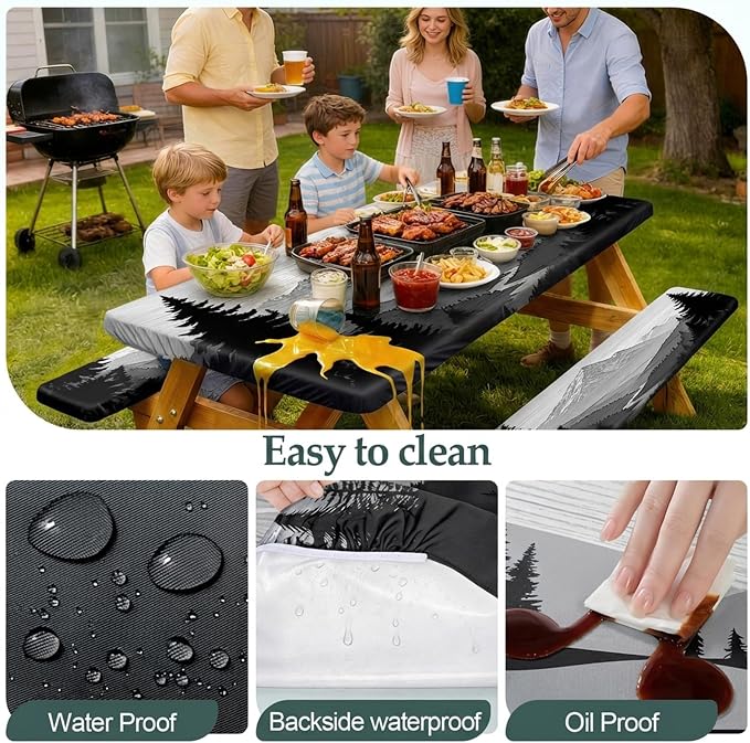 Picnic Table Cover Bench Covers Camping Essentials Tablecloth | Waterproof Vinyl for Outdoor, Windproof Elastic Fitted Edges, RV BBQ Accessories Must Haves, Storage Bag Included