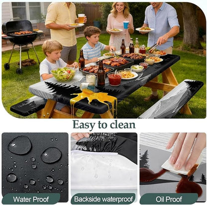 Picnic Table Cover Bench Covers Camping Essentials Tablecloth | Waterproof Vinyl for Outdoor, Windproof Elastic Fitted Edges, RV BBQ Accessories Must Haves, Storage Bag Included