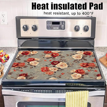 Stove Top Covers for Electric Stove,Vintage Flowers Flat Top Stove Cover,Red Rose Floral Heat Resistant Glass Top Stove Cover Protector Anti-Slip Range Covers, 28 x 20 Inch