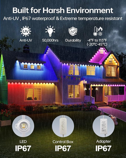ASAHOM Permanent Outdoor Lights, 108 RGBCW LEDs, AI Lighting, 30,000 Effect | Dual Output, Extend to 800FT, IP67 Waterproof, Voice Control, for Halloween Christmas and Daily Lighting, 150FT, White, S107C