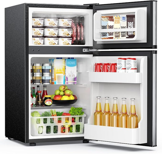 EUHOMY Mini Fridge with Freezer, 3.2 Cu.Ft Mini Refrigerator fridge, 2 door For Bedroom/Dorm/Office/Apartment - Food Storage or Cooling drinks, Silver