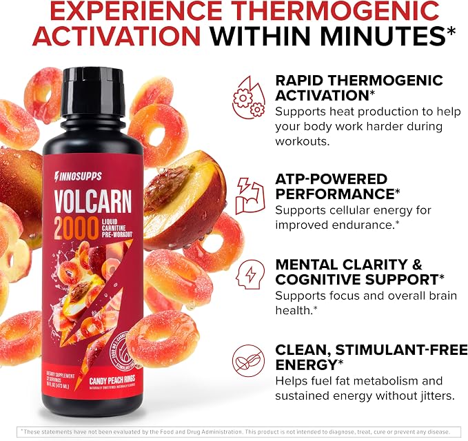 Volcarn 2000 L-Carnitine Liquid Energy, Candy Peach Rings, 32 Servings | Energy booster and ATP supplement with GBEEC; Enhances focus; Caffeine-free, no artificial sweeteners