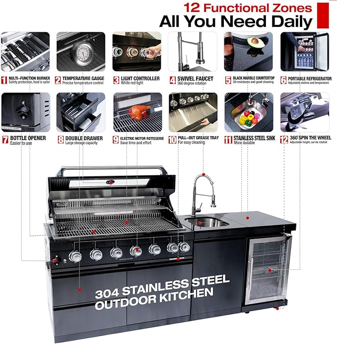 Outdoor Kitchen Island, 82 Inch 6 Burner Propane Gas Grill Combination With Refrigerator and Sink, Outdoor Stainless Steel Barbecue Bar, 85000 BTU Propane Grill for Patios, Gardens, Parties