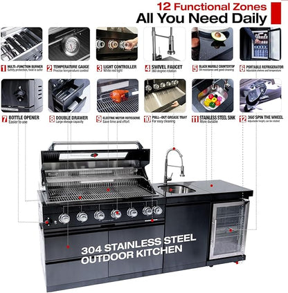 Outdoor Kitchen Island, 82 Inch 85000 BTU Gas Grill Combination With Refrigerator and Sink, Outdoor Stainless Steel Barbecue Bar, Natural Gas Barbecue Grill for Patios, Gardens, Parties