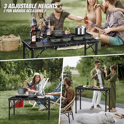 REDCAMP Triple Foldable Grill Table, 34x16 Inches Outdoor Camping Table | 3 Heights Adjustable, Lightweight Metal Frame, Portable Foldable Design, For Picnic BBQ Cooking Outdoor Use