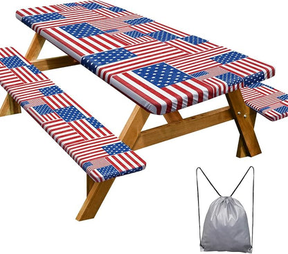 Picnic Table Cover Bench Covers Camping Essentials Tablecloth | Waterproof Vinyl for Outdoor, Windproof Elastic Fitted Edges, RV BBQ Accessories Must Haves, Storage Bag Included