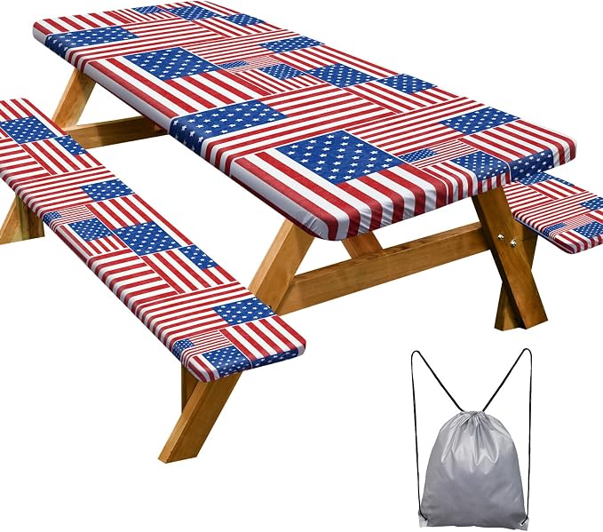 Picnic Table Cover with Bench Covers Camping Essentials Waterproof Windproof Camping Tablecloth with Drawstring Bag, Fitted Rectangle Tables and Seats, 60in, Red Blue White
