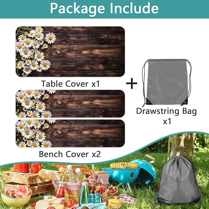 Picnic Table Cover with Bench Covers Elastic Edges, Wooden Board Daisy Fitted Table Cover, Outdoor Patio Camping Essentials 3PCS, Waterproof Camping Fitted Tablecloth with Drawstring Bag 72in