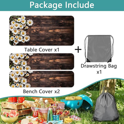 Picnic Table Cover with Bench Covers Elastic Edges, Wooden Board Daisy Fitted Table Cover, Outdoor Patio Camping Essentials 3PCS, Waterproof Camping Fitted Tablecloth with Drawstring Bag 60in