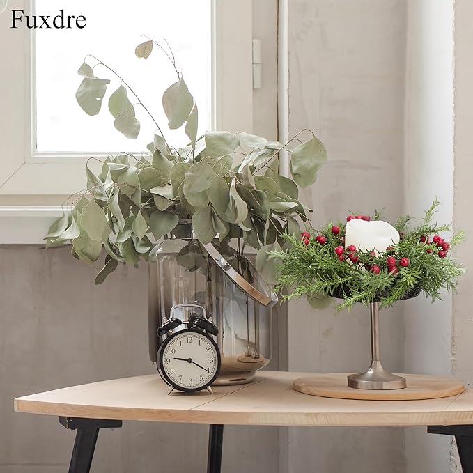 2 Pcs Christmas Candle Rings Wreaths, 10 Inch Candle Wreath with Artificial Berries Rosemary, Christmas Candle Holder Indoor Decor for Home Kitchen Cabinets Centerpieces for Tables