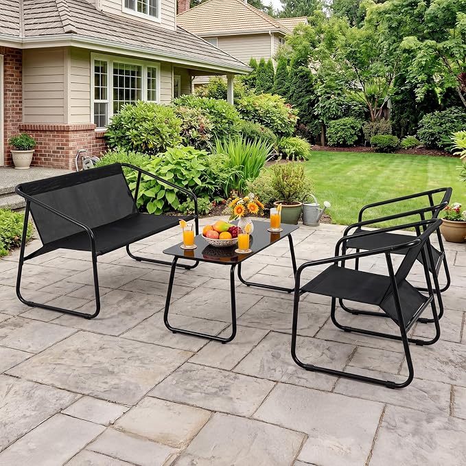 DUMOS 4 Piece Patio Furniture Set, Outdoor Patio Furniture Set with Table and Chairs, Sectional Bistro Sets for Lawn, Garden, Balcony, Pool, Poolside Black