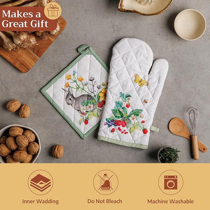 Maison d' Hermine 100% Cotton Oven Mitt & Pot Holder Set (7.5"x13" & 8"x8") Heat Resistant BBQ Cooking Gloves with Loop Baking Grilling Kitchen Hotel Home Farmhouse Spring Summer (Printemps)